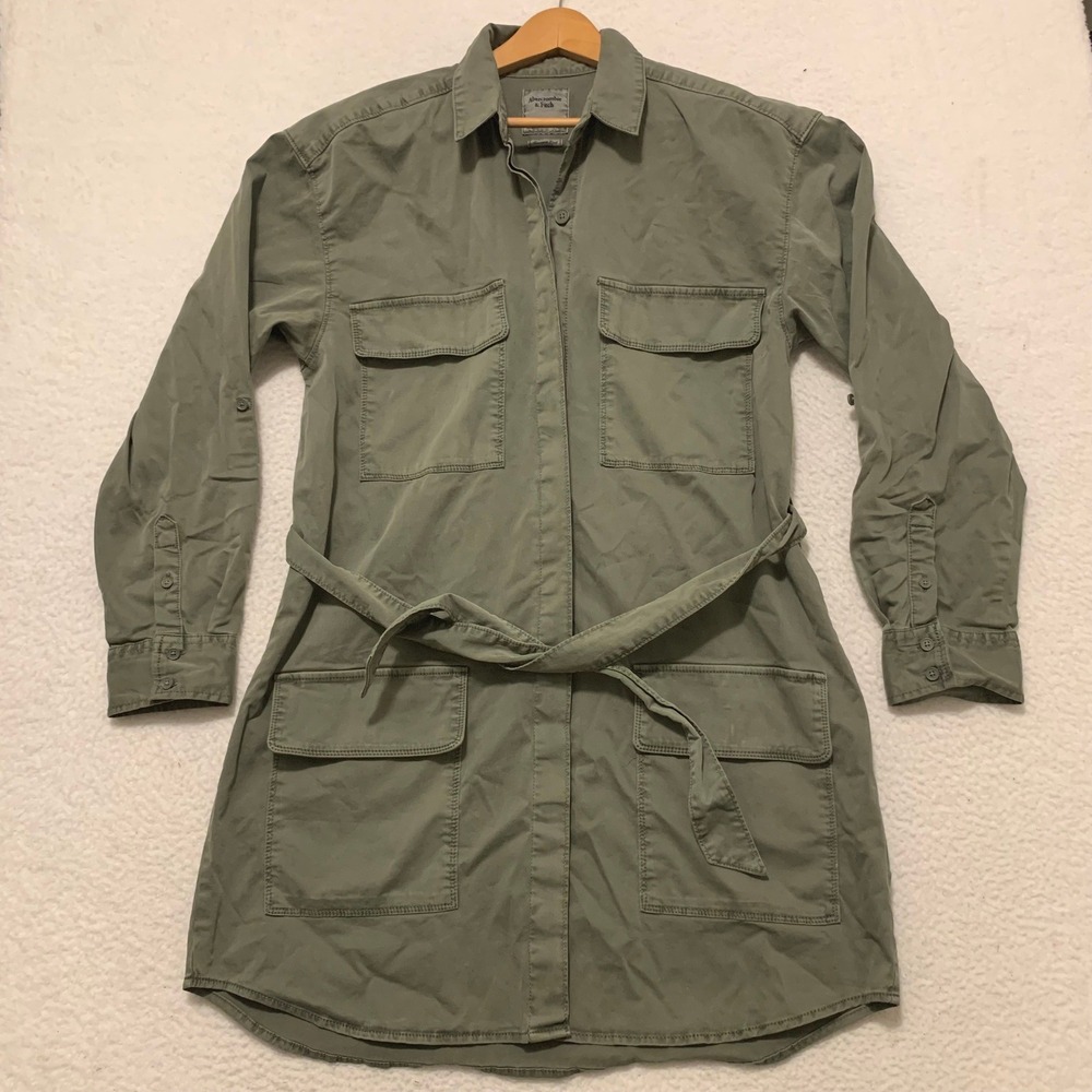 Abercrombie & Fitch Utility Shirt Dress Womens LT Tie Waist Stretch Olive Green